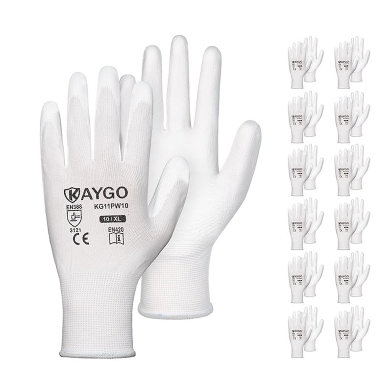 KAYGO Safety Work Gloves PU Coated-12 Pairs, KG11PB, Seamless Knit Glove with Polyurethane Coated Smooth Grip on Palm & Fingers, for Men and Women, Ideal for General Duty Work (X-Large, White) - Image 1